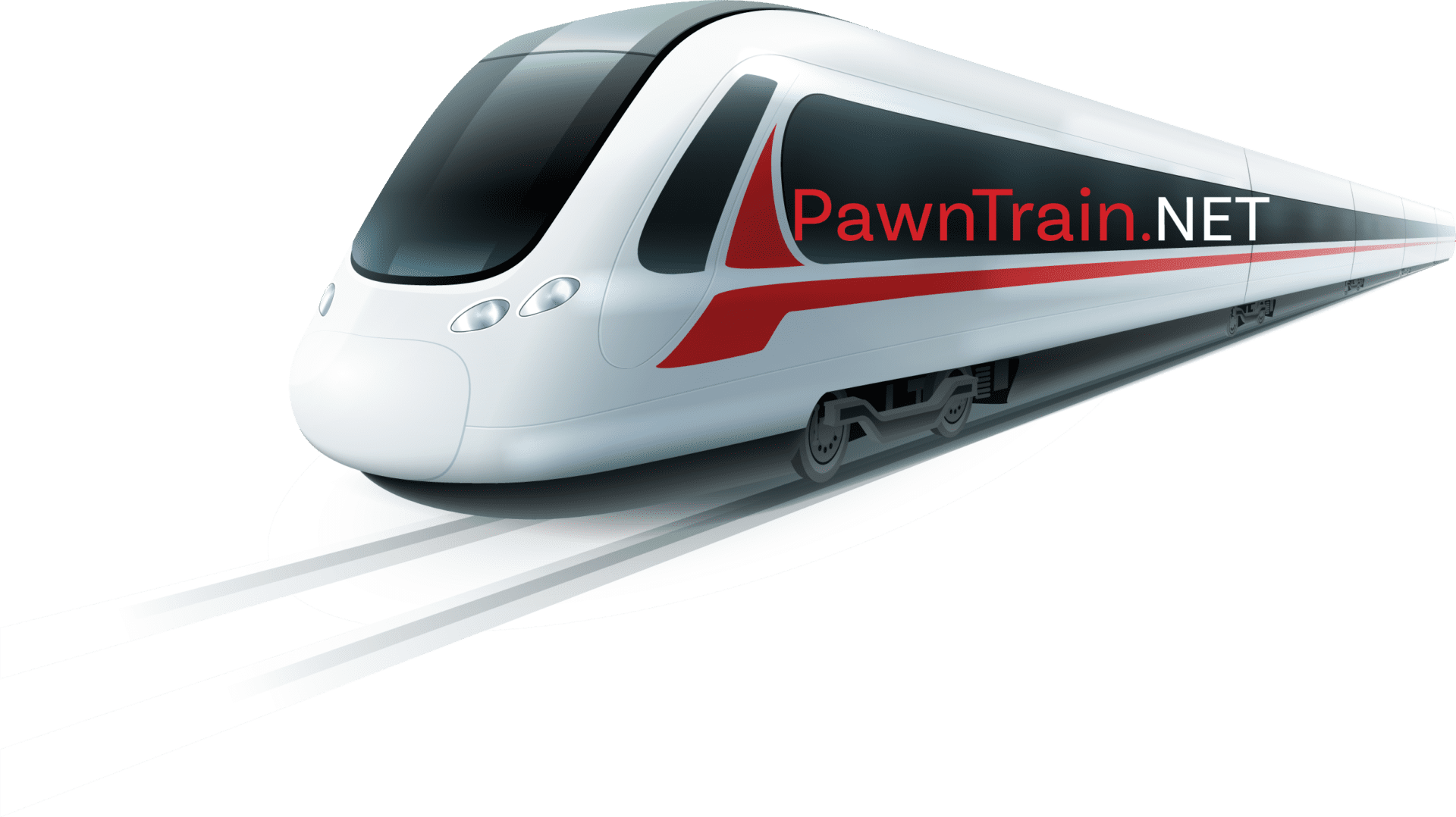Modern train with PawntTrain.NET logo.